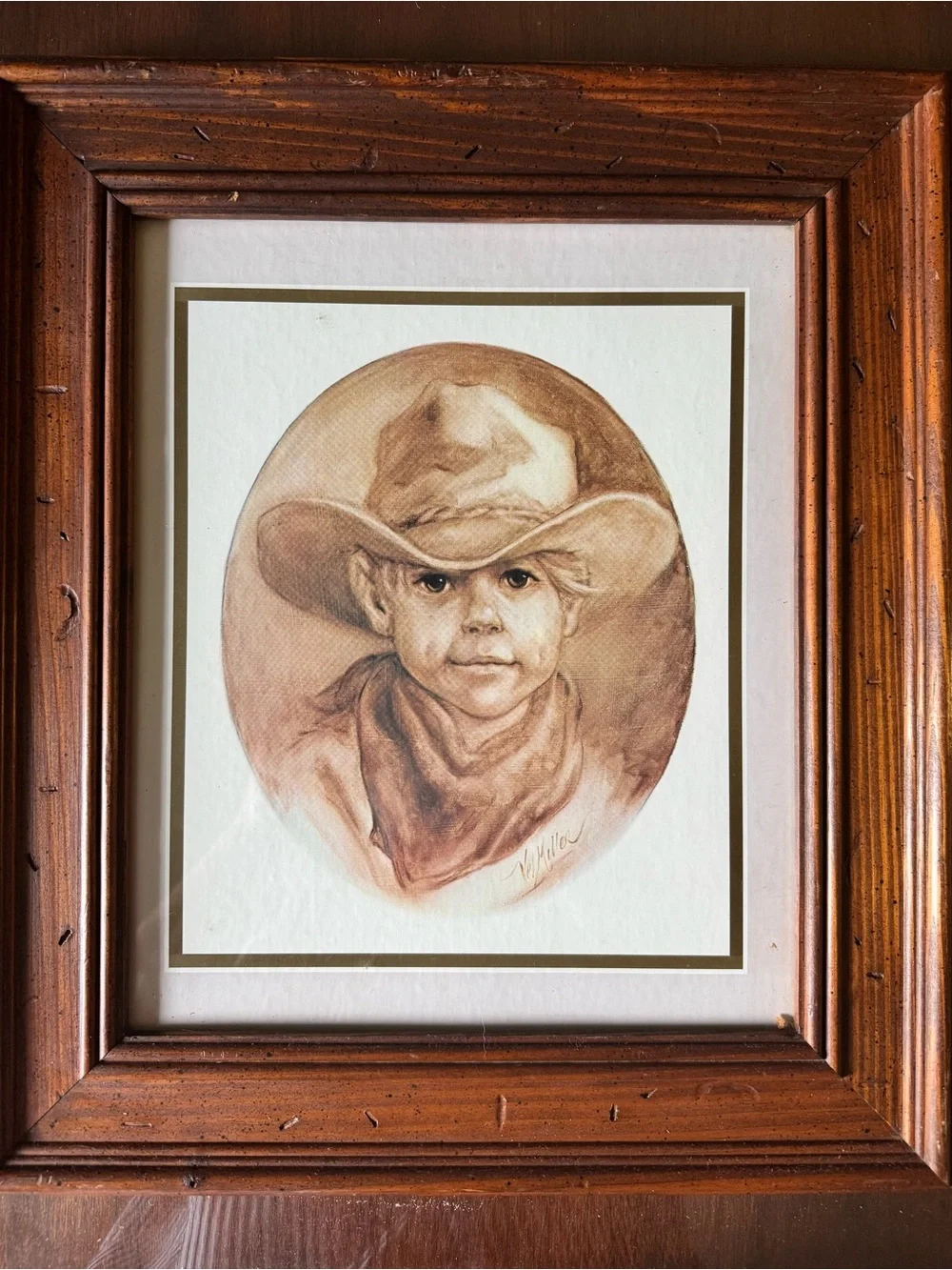 1970s Vintage Vel Miller Prints Prairie Girl Cowboy Wormy Chestnut Frames Rustic